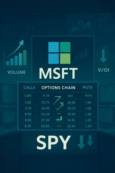 MSFT options chain shown on a trading dashboard with volume and SPY.