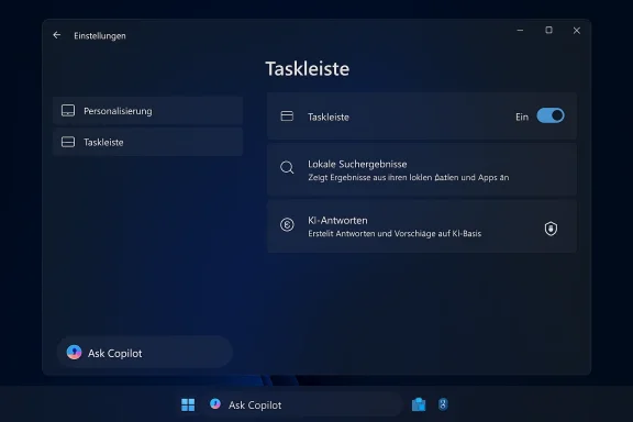 Dark settings window for the taskbar with toggle and Copilot shortcut. Dark settings window for the taskbar with toggle and Copilot shortcut.