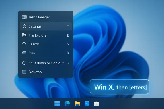 Windows 11 desktop with a floating Start menu showing quick actions on a blue wallpaper.