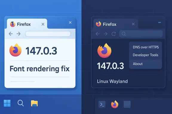 Firefox 147.0.3 release notes highlight a font rendering fix in light and dark themes.