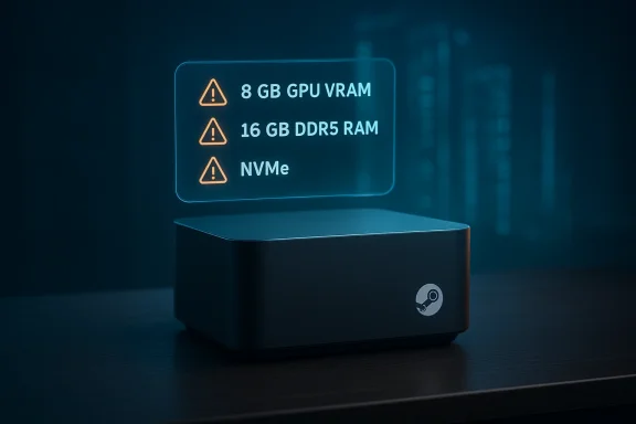 Holographic display shows 8 GB GPU VRAM, 16 GB DDR5 RAM, and NVMe above a compact black box.