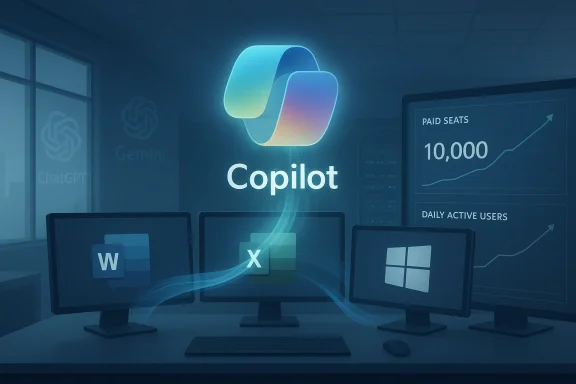 Futuristic office scene with Copilot branding over three monitors showing Word, Excel, and Windows.