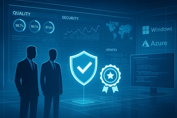 Two suited silhouettes stand before a blue security dashboard featuring a shield and badge icons.