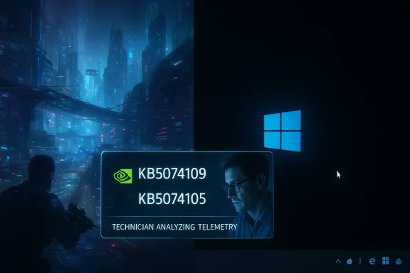 Futuristic neon cityscape on the left, with a technician analyzing telemetry on a Windows desktop.