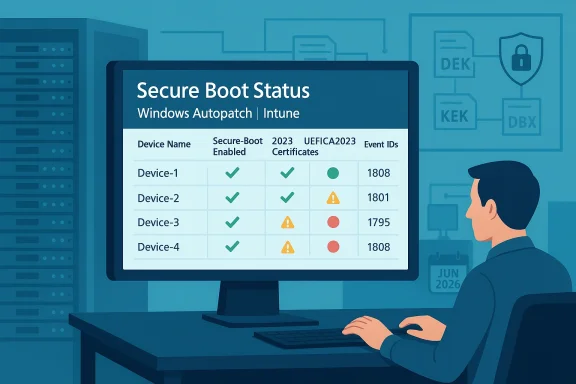 IT administrator reviews Secure Boot status for multiple devices on a Windows Autopatch/Intune dashboard.