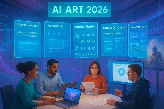 A team of four designers brainstorm AI art ideas in a high-tech blue-lit meeting room.