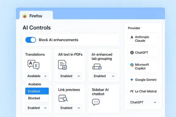 Firefox AI Controls: a UI dashboard with feature toggles and a providers sidebar.