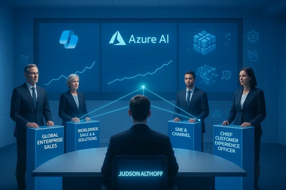 Blue-tinted boardroom with four executives at podiums around Judson Althoff under Azure AI visuals.
