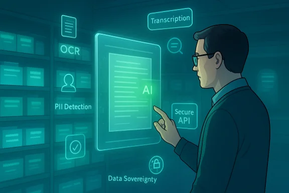 A man interacts with a holographic AI interface in a data-security lab.