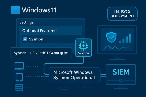 Windows 11 infographic showing Sysmon deployment and SIEM integration. Windows 11 infographic showing Sysmon deployment and SIEM integration.
