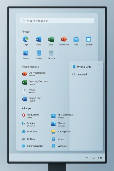Windows-style start menu on a large monitor with pinned apps and a Phone Link panel.
