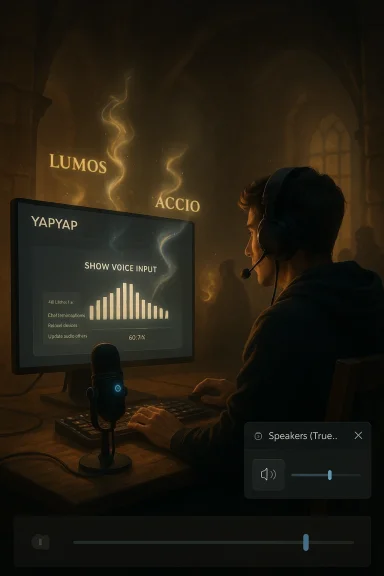 A gamer in a dark, medieval chamber uses a headset to interact with voice-input software on a glowing computer.