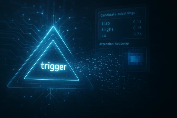 Blue neon triangle labeled 'trigger' over a digital circuitry background.