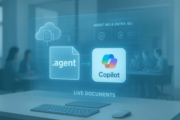 Holographic interface shows a .agent file flowing into Copilot for live documents.