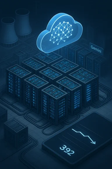 Blue-toned data center with a glowing cloud icon containing a neural network above server racks.