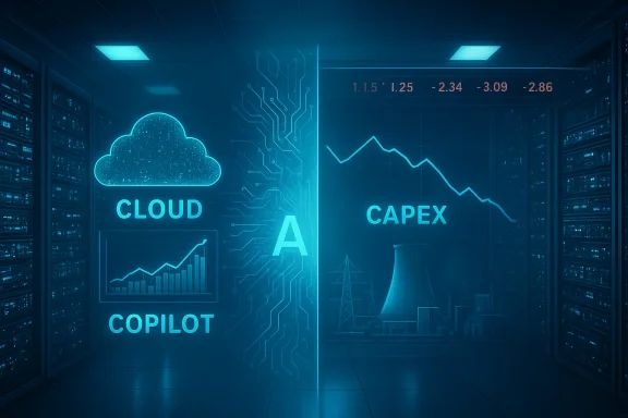 A neon-blue data center wall featuring Cloud Copilot on the left and a CAPEX chart on the right.