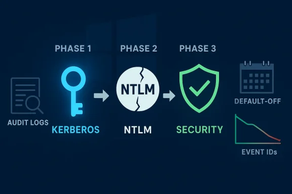 Three-phase authentication flow: Kerberos → NTLM → Security, with audit logs and event IDs.