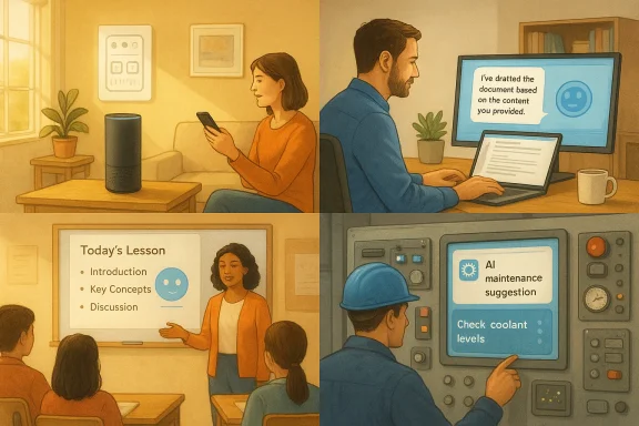 Four-panel illustration of AI-assisted tasks across home, work, classroom, and industrial control.