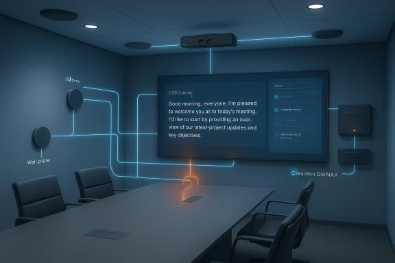 Futuristic conference room with blue neon circuit lines, a large display, and a ceiling projector.