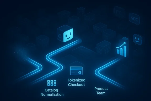 A neon blue roadmap showing Catalog Normalization, Tokenized Checkout, and Product Team.