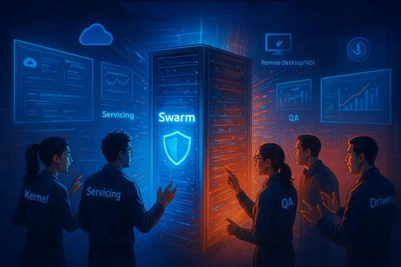 A team of engineers gathers around a central server labeled 'Swarm' in a neon-lit data room.