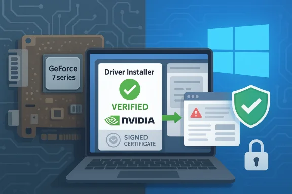 Laptop shows a NVIDIA-verified driver installer with a signed certificate and security shield.