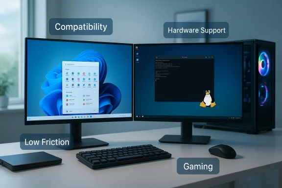 Dual-monitor PC setup: Windows on the left, Linux on the right (Tux), with gaming peripherals.