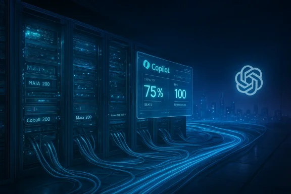 Futuristic data center with blue-lit servers and a holographic Copilot status panel. Futuristic data center with blue-lit servers and a holographic Copilot status panel.