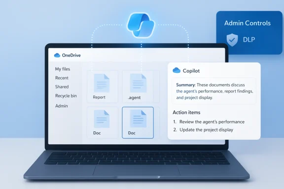 Laptop screen shows OneDrive file explorer with a Copilot panel and admin controls.