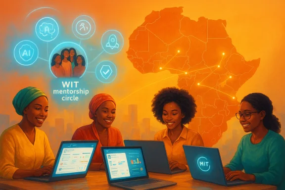 Four diverse women collaborate on laptops for the WIT mentorship circle against an orange Africa-network backdrop.