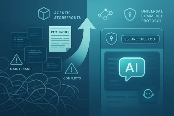 AI-powered secure checkout interface with patch notes, maintenance and conflicts indicators.