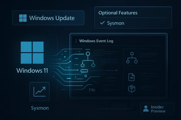 Futuristic Windows 11 UI with panels for Update, Sysmon, and Event Log.