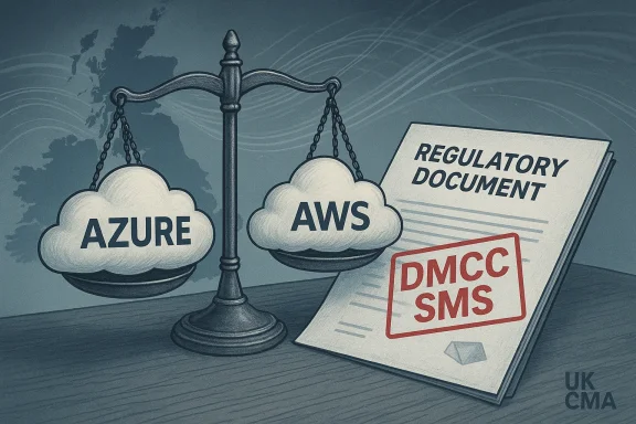 Azure and AWS clouds balance on a scale beside regulatory documents stamped DMCC SMS.