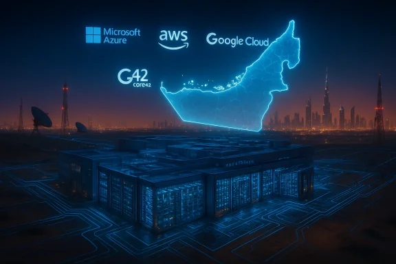 Glowing blue map of the UAE rises over a desert data center, with Azure, AWS, and Google Cloud logos. Glowing blue map of the UAE rises over a desert data center, with Azure, AWS, and Google Cloud logos.