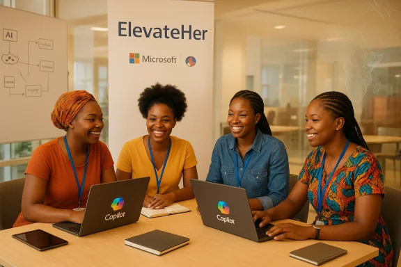 Four women collaborate around a table with laptops at a Microsoft ElevateHer event.