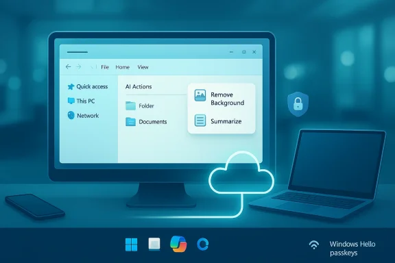 A Windows-style desktop shows AI Actions in File Explorer, linked to a glowing cloud icon.