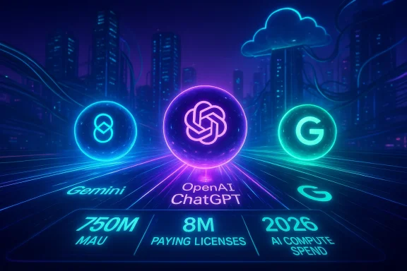 A neon futuristic infographic featuring Gemini, OpenAI ChatGPT, and Google with key stats.