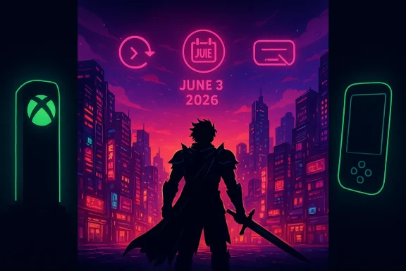 Neon-lit cityscape with a silhouetted armored warrior and sword, announcing June 3, 2026.