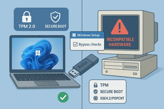 Illustration showing Windows 11 bypassing checks on incompatible hardware using a Rufus USB drive.
