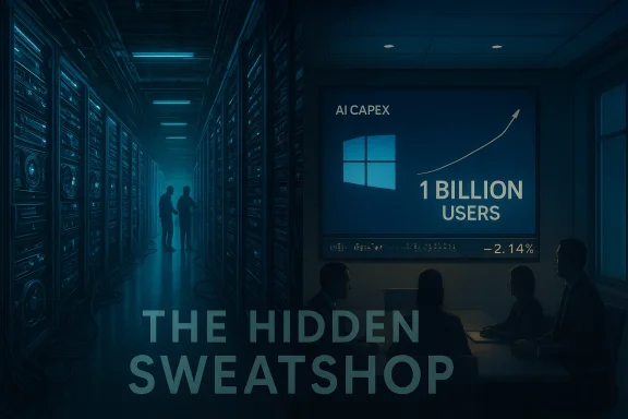 Dim data-center corridor with technicians at a table, watching a screen that reads 'AI CAPEX' and '1 BILLION USERS'.