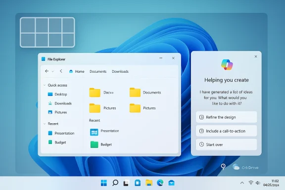 Windows-like desktop showing File Explorer and a 'Helping you create' design assistant panel.