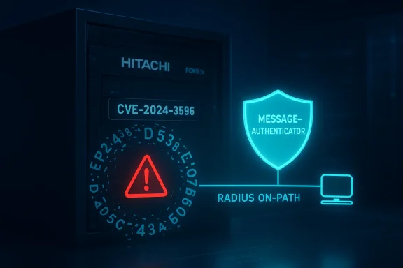 Hitachi server shows a red warning icon and a neon shield labeled Message-Authenticator, Radius on-path.