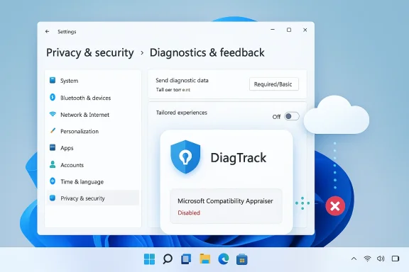 Windows-like Settings: Diagnostics & feedback panel with a DiagTrack card and privacy options.