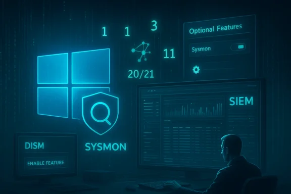 A security analyst monitors a neon blue Windows security dashboard featuring Sysmon and SIEM. A security analyst monitors a neon blue Windows security dashboard featuring Sysmon and SIEM.