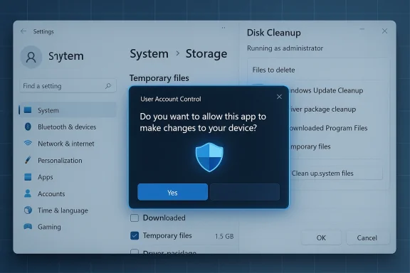 System settings window with a User Account Control prompt over storage options.