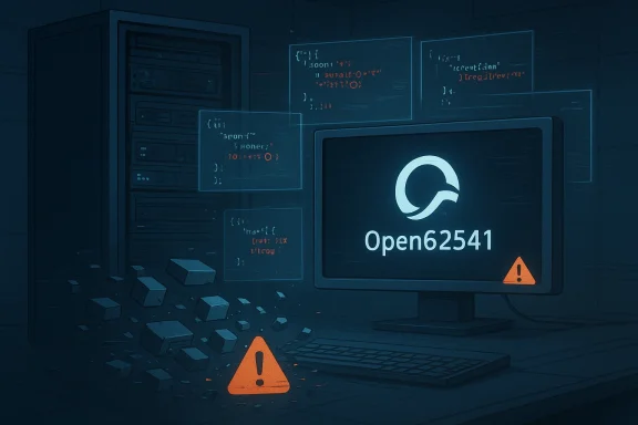 Open62541 logo on a monitor in a dark server room with floating code panels and warning icons.