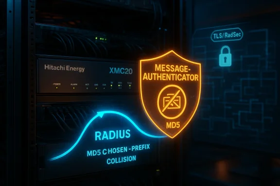 Server rack with neon security signs: an MD5 Message-Authenticator shield and a Radius label.