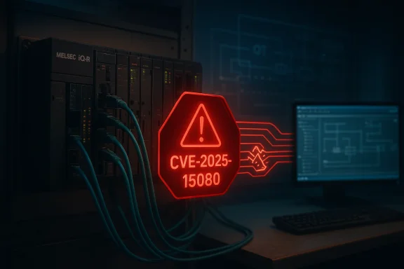 Red neon warning badge CVE-2025-15080 glows beside a server rack and schematic display.