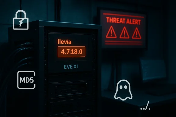 A server rack glows with orange text beneath threat alert signs in a dark data center.