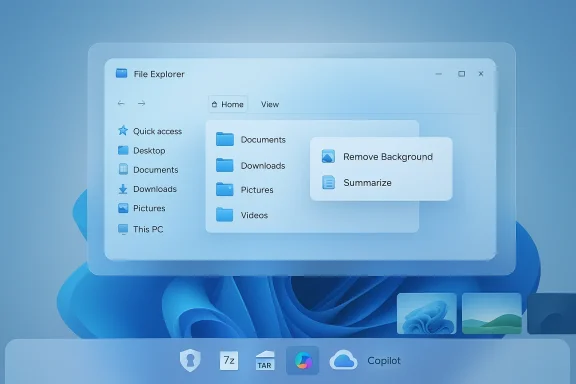 Blue File Explorer window with a floating menu offering Remove Background and Summarize.